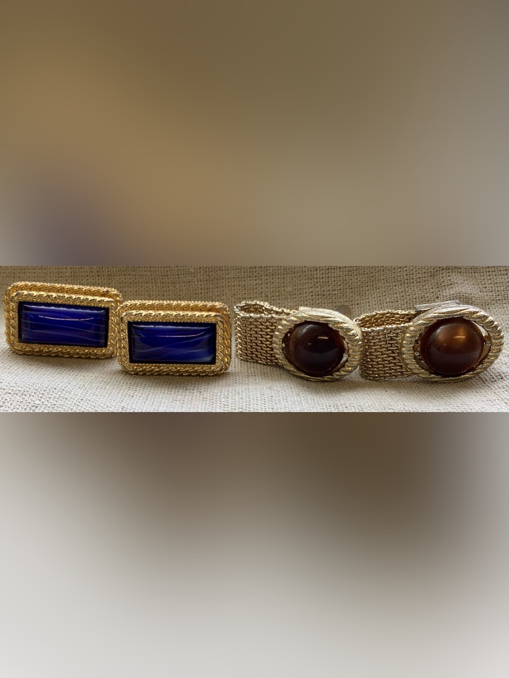 Vintage Swank Cuff Links Brown Cabochon + Unbranded Blue Cabochon Cuff Links